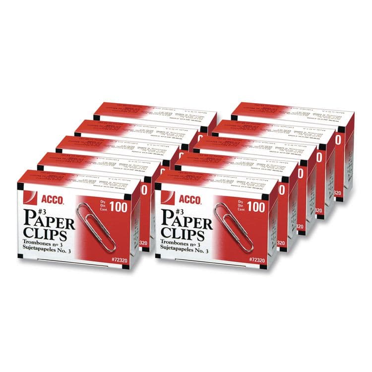 ACCO BRANDS, . Paper Clips, #3, Smooth, Silver, 100 Clips/Box, 10 Boxes/Pack (ACC72320)