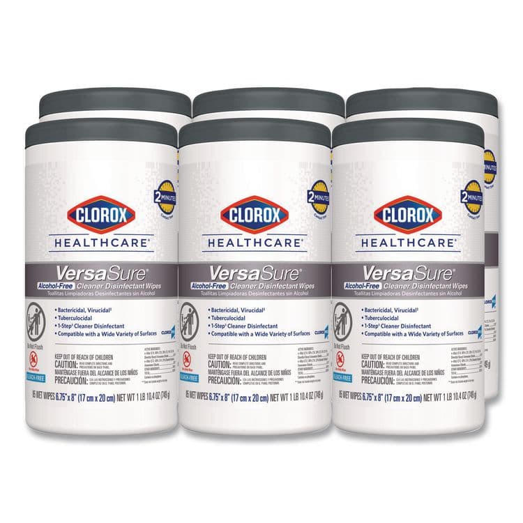 CLOROX SALES CO. VersaSure Cleaner Disinfectant Wipes, 1-Ply, 6.75 x 8, Fragranced, White, 85/Canister, 6 Canisters/Carton (CLO31757)