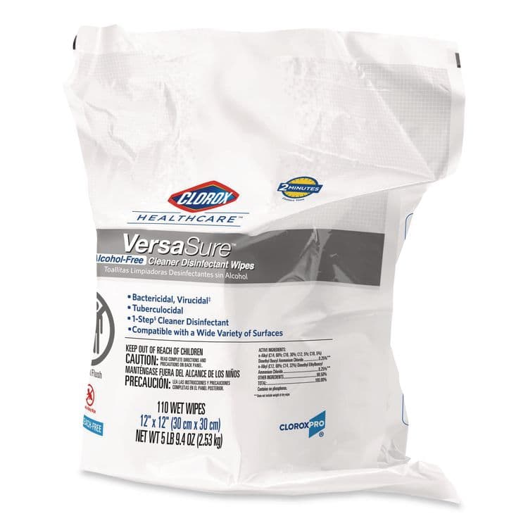 CLOROX SALES CO. VersaSure Cleaner Disinfectant Wipes, Refill, 1-Ply, 12 x 10, Fragranced, White, 110/Pouch, 2 Pouches/Carton (CLO31761) thumbnail 3