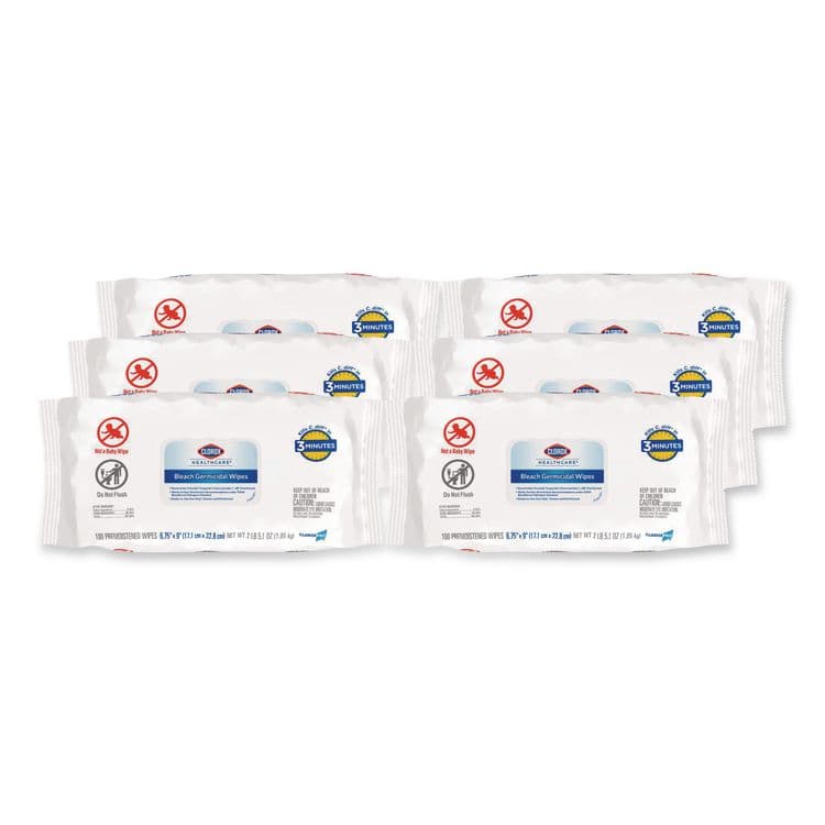 CLOROX SALES CO. Bleach Germicidal Wipes, Disinfectant Wipes, 1-Ply, 6.75 x 9, Unscented, White, 100 Wipes/Flex-Pack, 6 Flex-Packs/Carton (CLO32621)