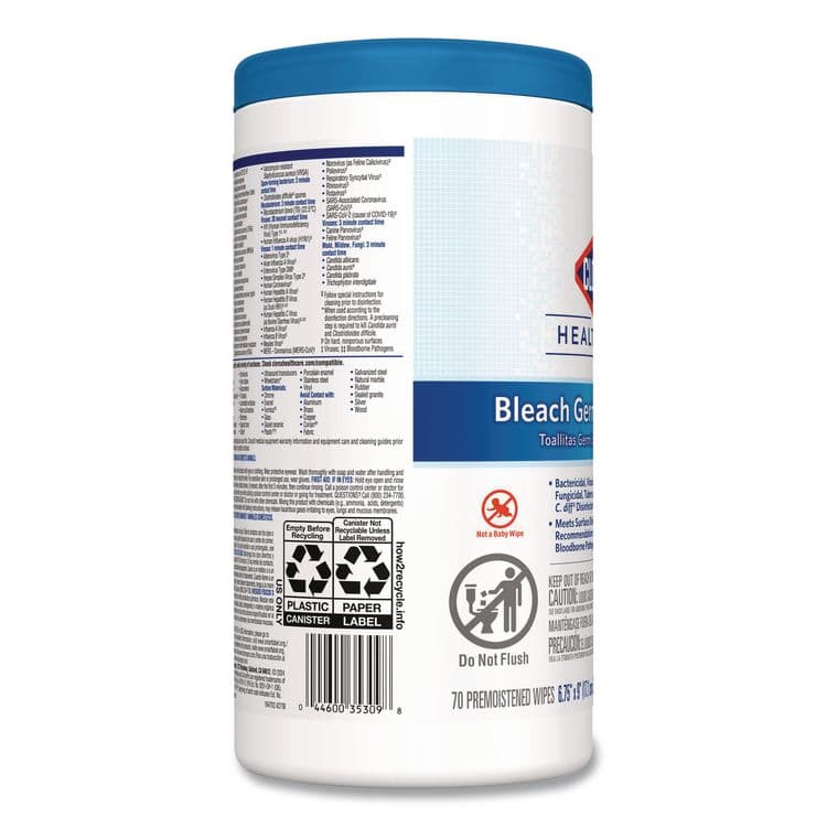 CLOROX SALES CO. Bleach Germicidal Wipes, 1-Ply, 6.75 x 9, Unscented, White, 70/Canister, 6 Canisters/Carton (CLO35309CT) thumbnail 3