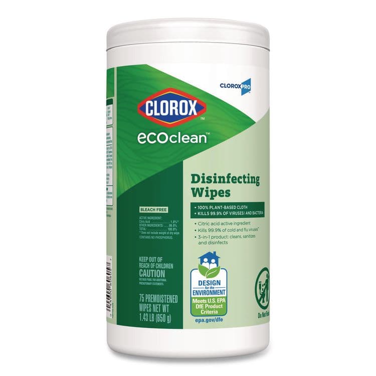 CLOROX SALES CO. CloroxPro EcoClean Disinfecting Wipes, 1-Ply, 8 x 7, Unscented, White, 75 Count, 6/Carton (CLO60605CT) thumbnail 2