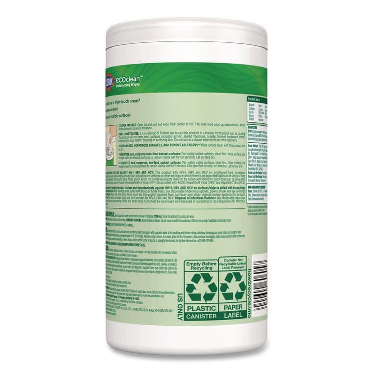 CLOROX SALES CO. CloroxPro EcoClean Disinfecting Wipes, 1-Ply, 8 x 7, Unscented, White, 75 Count, 6/Carton (CLO60605CT) thumbnail 4