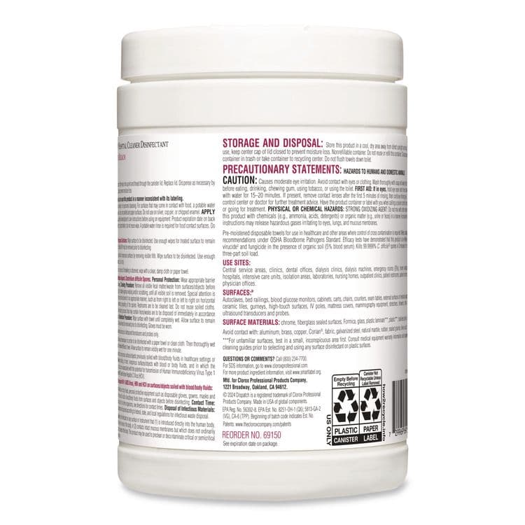 CLOROX SALES CO. Dispatch Hospital Cleaner Disinfectant Towels w/Bleach, 1-Ply, 6.75 x 8, Unscented, White, 150/Canister, 8 Canisters/Carton (CLO69150) thumbnail 2