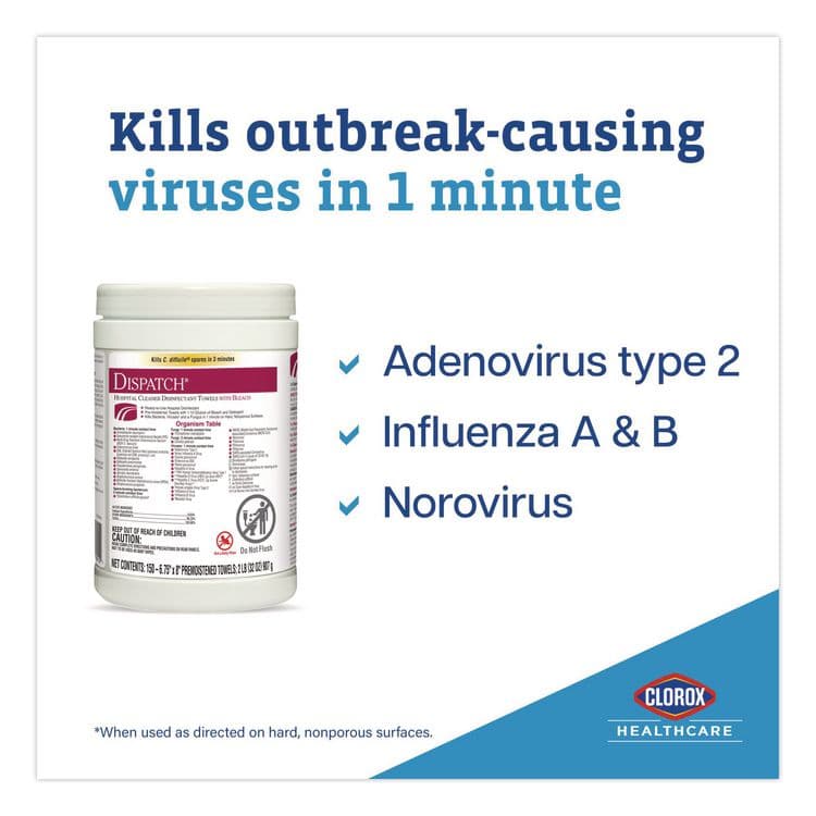 CLOROX SALES CO. Dispatch Hospital Cleaner Disinfectant Towels w/Bleach, 1-Ply, 6.75 x 8, Unscented, White, 150/Canister, 8 Canisters/Carton (CLO69150) thumbnail 4