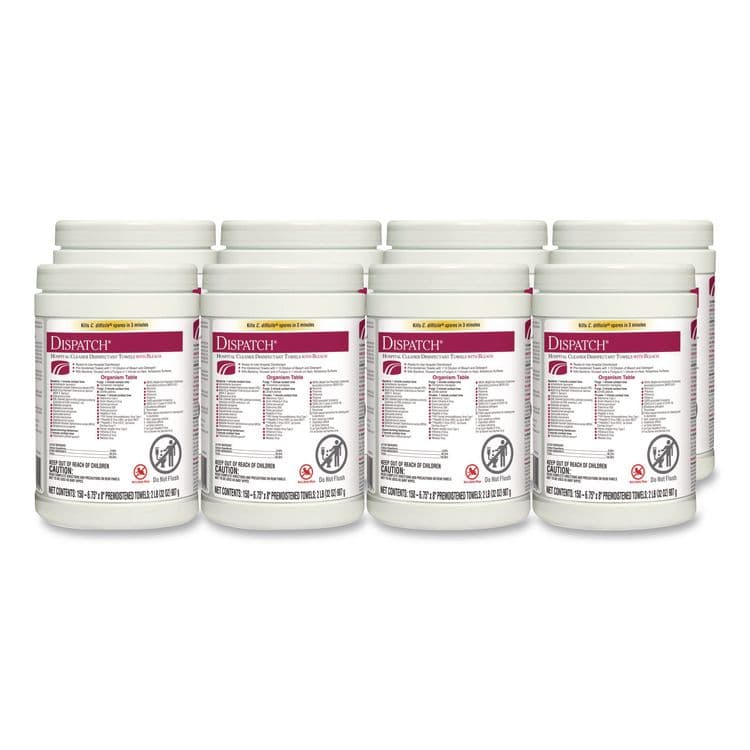 CLOROX SALES CO. Dispatch Hospital Cleaner Disinfectant Towels w/Bleach, 1-Ply, 6.75 x 8, Unscented, White, 150/Canister, 8 Canisters/Carton (CLO69150)