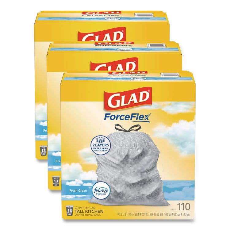 CLOROX SALES CO. ForceFlex Tall Kitchen Drawstring Trash Bags, Drawstring, 13 gal, Fresh Clean Scent, 10.19 x 9.81, Gray, 110/Roll, 3/Carton (CLO78563CT)