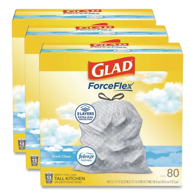 CLOROX SALES CO. ForceFlex Kitchen Drawstring Trash Bags, 13 gal, Fresh Clean Scent, 24" x 27.38", White, 80 Bags/Box, 3 Boxes/Carton (CLO78899)