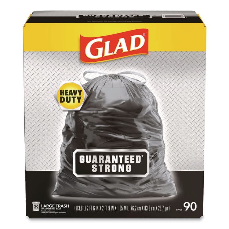 CLOROX SALES CO. Guaranteed Strong Large Drawstring Trash Bags, Three-Ply, 30 gal, 1.05 mil, 30" x 33", Black, 90/Carton (CLO78952)