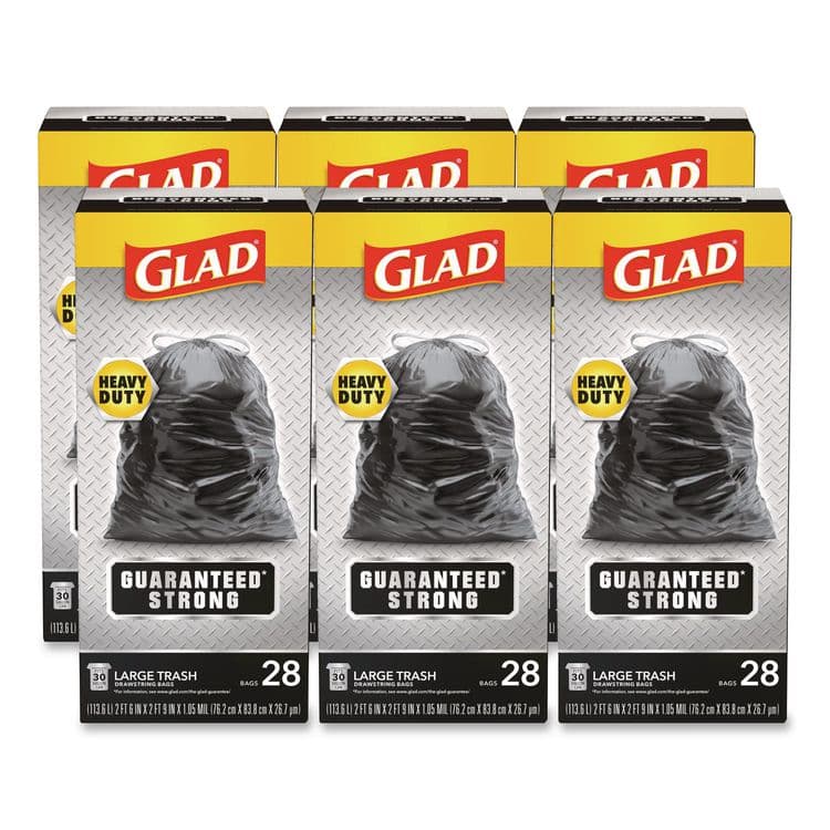 CLOROX SALES CO. Guaranteed Strong Large Drawstring Trash Bags, Three-Ply, 30 gal, 1.05 mil, 30 x 33, Black, 28 Bags/Box, 6 Boxes/Carton (CLO78966)