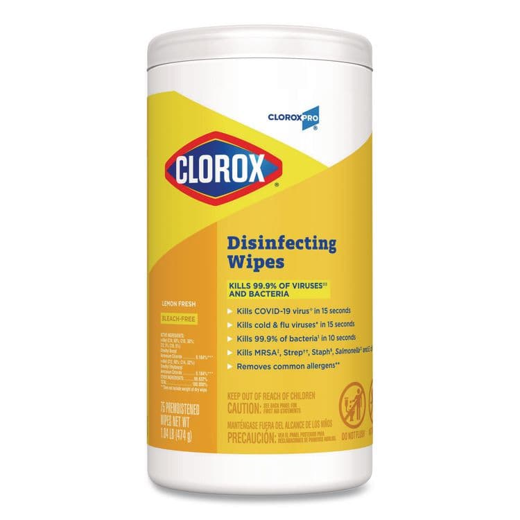 CLOROX SALES CO. Disinfecting Wipes, 1-Ply, 7 x 8, Lemon Fresh, White, 75/Canister, 6/Carton (CLO15948CT) thumbnail 2