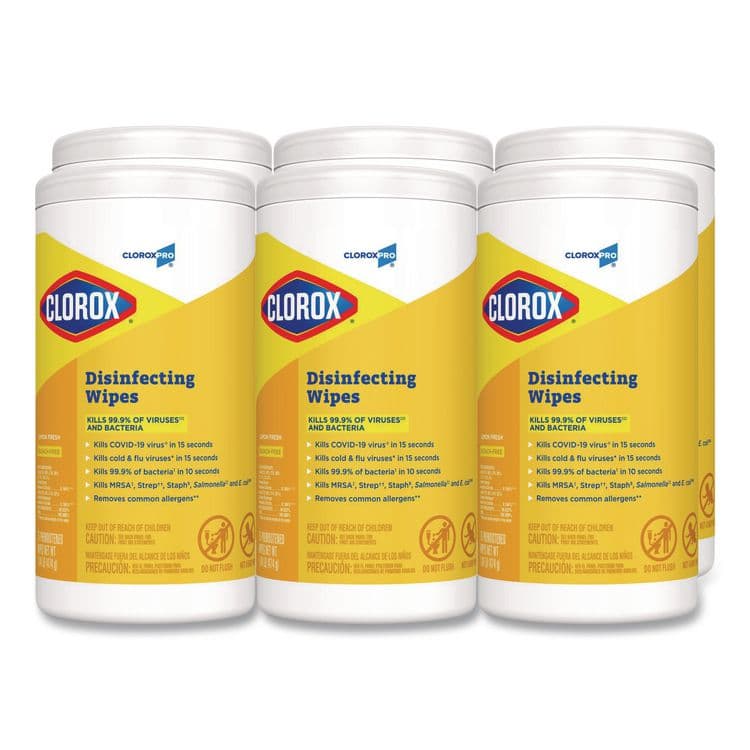 CLOROX SALES CO. Disinfecting Wipes, 1-Ply, 7 x 8, Lemon Fresh, White, 75/Canister, 6/Carton (CLO15948CT)