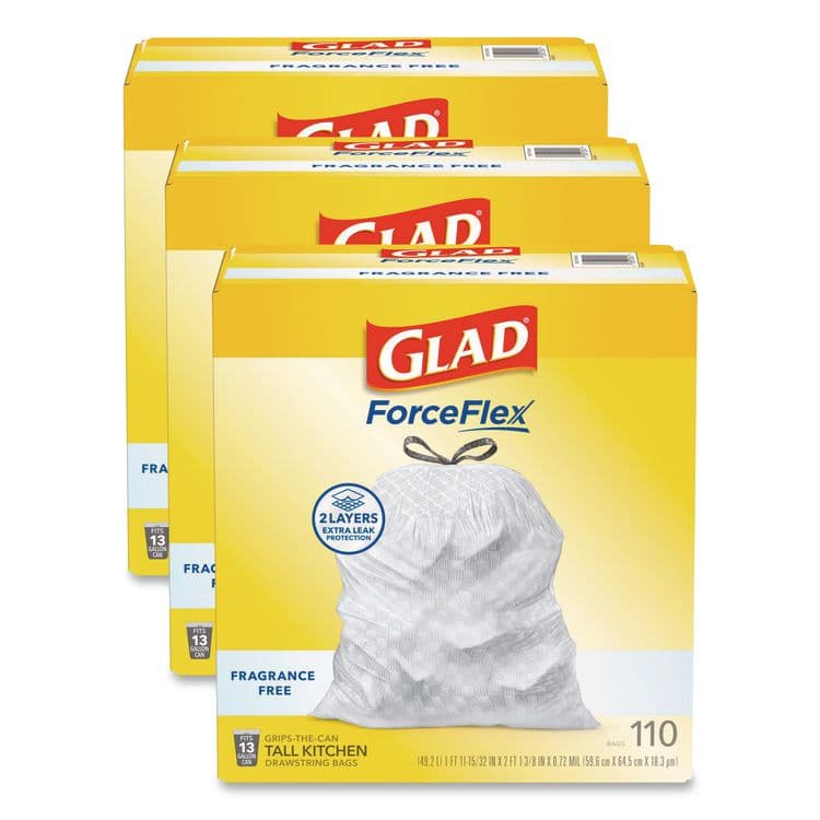 CLOROX SALES CO. ForceFlex Kitchen Drawstring Trash Bags, Drawstring, 13 gal, Unscented, 23.47 x 25.38, White, 110 Bags/Box, 3 Boxes/Carton (CLO22541CT)