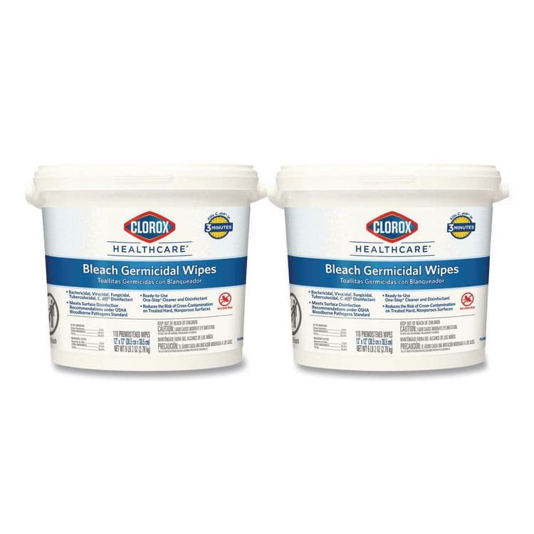 CLOROX SALES CO. Bleach Germicidal Wipes, 1-Ply, 12 x 12, Unscented, White, 110/Bucket, 2 Buckets/Carton (CLO30358CT)