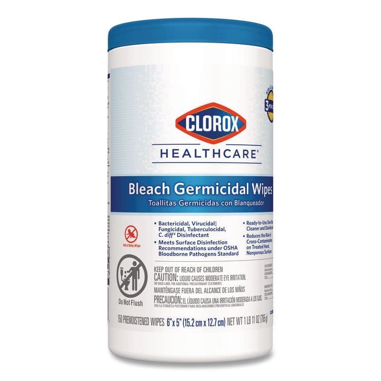 CLOROX SALES CO. Bleach Germicidal Wipes, 1-Ply, 6 x 5, Unscented, White, 150/Canister, 6 Canisters/Carton (CLO30577CT) thumbnail 2