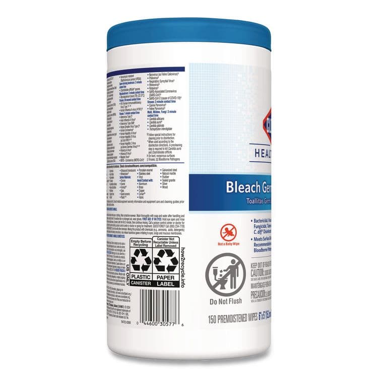 CLOROX SALES CO. Bleach Germicidal Wipes, 1-Ply, 6 x 5, Unscented, White, 150/Canister, 6 Canisters/Carton (CLO30577CT) thumbnail 3
