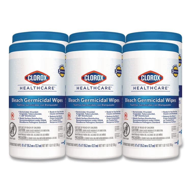 CLOROX SALES CO. Bleach Germicidal Wipes, 1-Ply, 6 x 5, Unscented, White, 150/Canister, 6 Canisters/Carton (CLO30577CT)