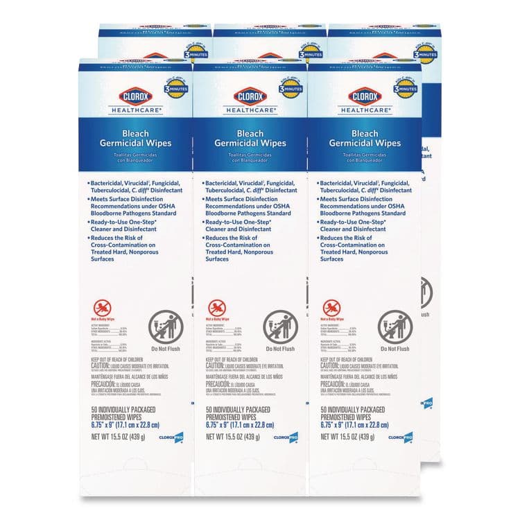 CLOROX SALES CO. Bleach Germicidal Wipes, Individual Wipes, 1-Ply, 6.75 x 9, Unscented, White, 50/Box, 6 Boxes/Carton (CLO31424)