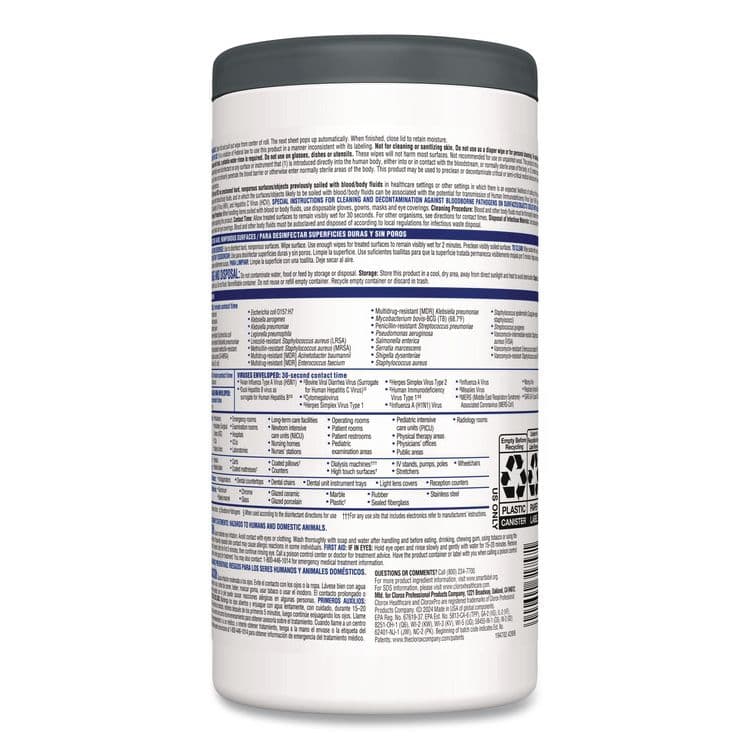 CLOROX SALES CO. VersaSure Cleaner Disinfectant Wipes, 1-Ply, 6.75 x 8, Fragranced, White, 85/Canister, 6 Canisters/Carton (CLO31757) thumbnail 3