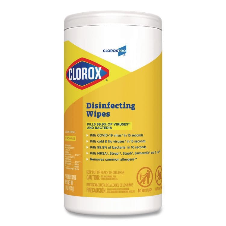 CLOROX SALES CO. Disinfecting Wipes, 1-Ply, 7 x 8, Lemon Fresh, White, 75/Canister (CLO15948EA)