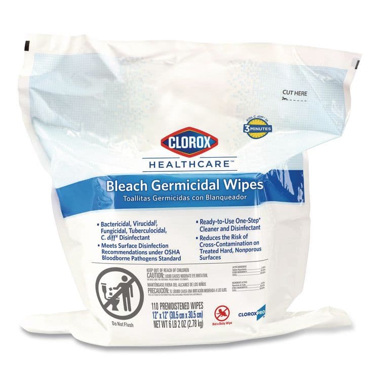 CLOROX SALES CO. Bleach Germicidal Wipes, Refill for Bucket, 1-Ply, 12 x 12, Unscented, White, 110/Pouch (CLO30359)