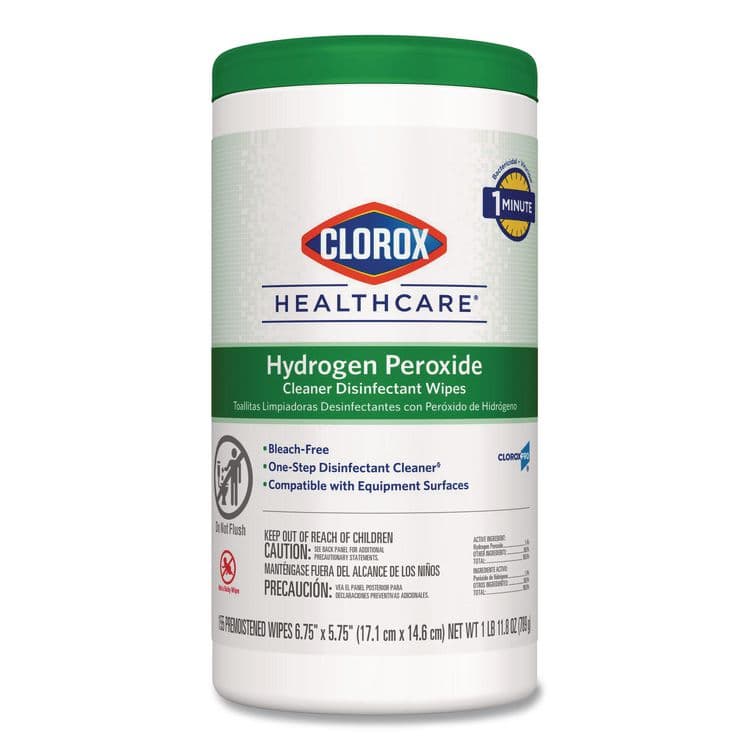 CLOROX SALES CO. Hydrogen Peroxide Cleaner Disinfectant Wipes, 6.75 x 5.75, Unscented, 155 Wipes/Canister (CLO30825EA)