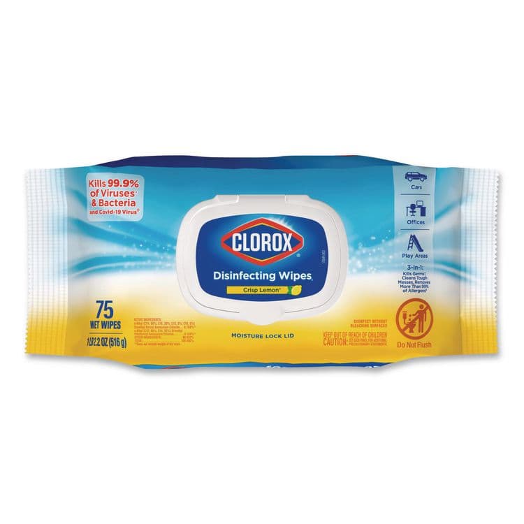 CLOROX SALES CO. Disinfecting Cleaning Wipes, Flex Pack, 1-Ply, 8 x 7, Lemon Scent, White, 75 Towels/Box (CLO31404EA)
