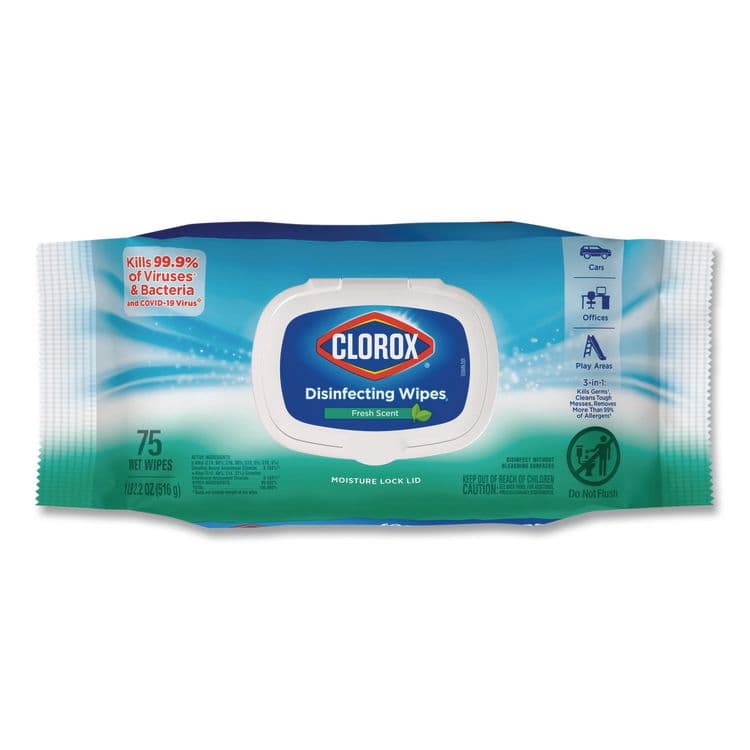 CLOROX SALES CO. Disinfecting Cleaning Wipes, Flex Pack, 1-Ply, 8 x 7, Fresh Scent, White, 75 Towels/Box (CLO31430EA)