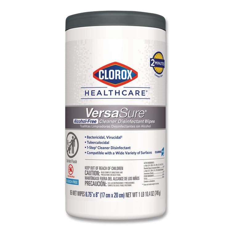 CLOROX SALES CO. VersaSure Cleaner Disinfectant Wipes, 1-Ply, 6.75 x 8, Original Scent, White, 85 Towels/Can (CLO31757EA)