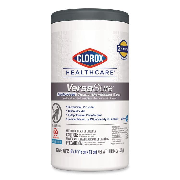 CLOROX SALES CO. VersaSure Cleaner Disinfectant Wipes, 1-Ply, 6 x 5, Fragranced, White, 150 Towels/Canister (CLO31758EA)