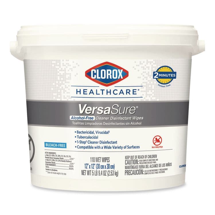 CLOROX SALES CO. VersaSure Cleaner Disinfectant Wipes, 1-Ply, 12 x 12, Fragranced, White, 110/Bucket (CLO31759EA)