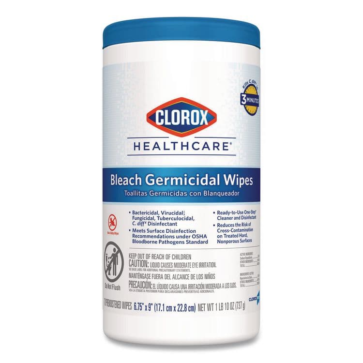 CLOROX SALES CO. Bleach Germicidal Wipes, 1-Ply, 6.75 x 9, Unscented, White, 70/Canister (CLO35309)