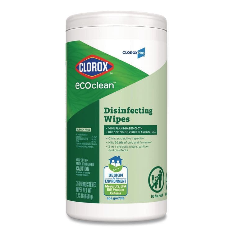 CLOROX SALES CO. CloroxPro EcoClean Disinfecting Wipes, 1-Ply, 8 x 7, Unscented, White, 75 Count (CLO60605EA)