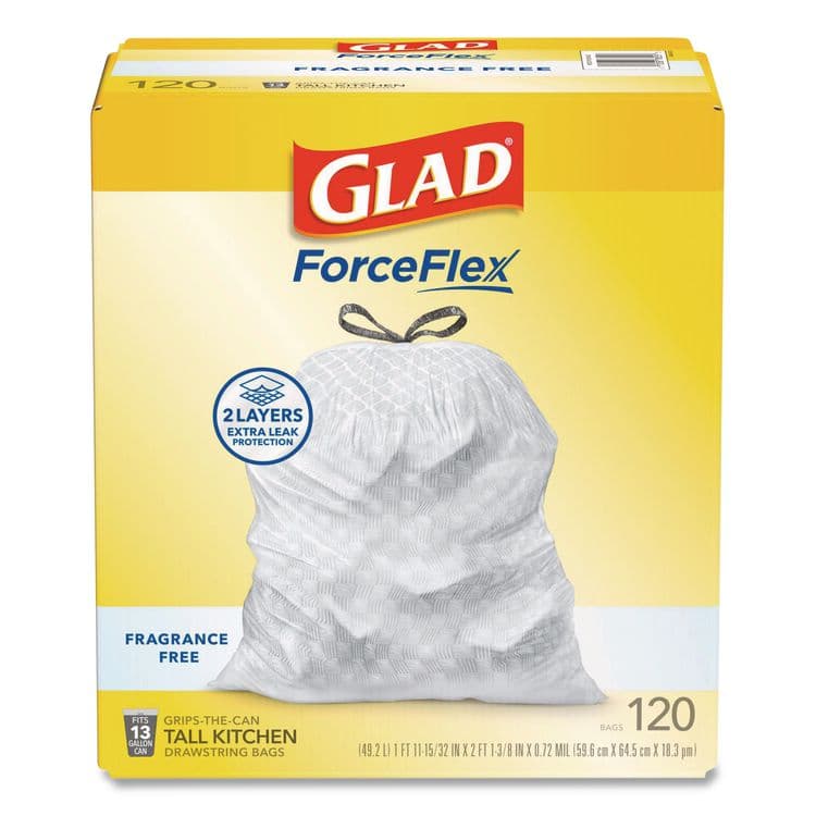 CLOROX SALES CO. Tall Kitchen Drawstring Trash Bags with LeakGuard, 13 gal, Unscented, 23.47" x 25.38", White, 120/Box (CLO78564)