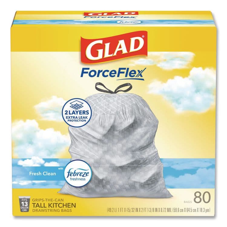 CLOROX SALES CO. ForceFlex Kitchen Drawstring Trash Bags, 13 gal, Gain Fresh Clean Scent, 24 x 27.38, White, 80/Box (CLO78899BX)