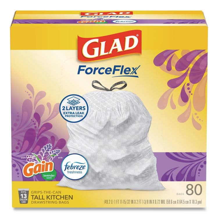 CLOROX SALES CO. ForceFlex Kitchen Drawstring Trash Bags, 13 gal, Gain Lavender with Febreze Freshness, 24 x 27.38, White, 80/Box (CLO78902BX)