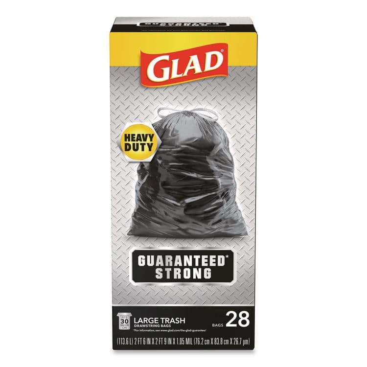CLOROX SALES CO. Guaranteed Strong Large Drawstring Trash Bags, Three-Ply, 30 gal, 1.05 mil, 30 x 33, Black, 28/Box (CLO78966BX)