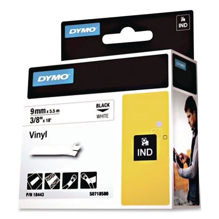 DYMO Rhino Permanent Vinyl Industrial Label Tape, 0.37" x 18 ft, White/Black Print (DYM18443) thumbnail 3