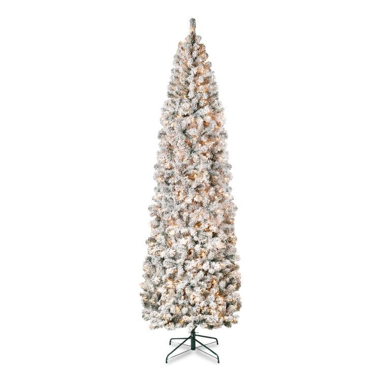 NATIONAL TREE COMPANY Pre-Lit Acacia Flocked Slim Tree, 35" x 35" x 108", Green Tree, Green Tree Stand (NTTAC10030090F)