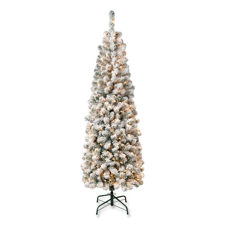 NATIONAL TREE COMPANY Pre-Lit Acacia Flocked Slim Tree, 24" x 24" x 70.8", Green Tree, Green Tree Stand (NTTAC10030460F)