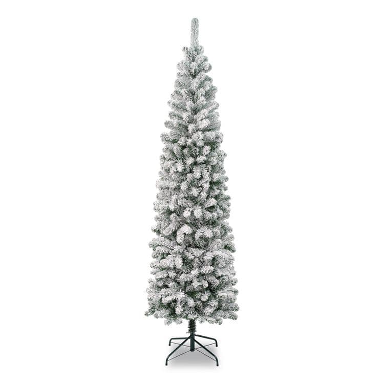 NATIONAL TREE COMPANY Acacia Pencil Slim Flocked Tree, 26" x 26" x 88.5", Green Tree, Green Tree Stand (NTTAC10050475F)