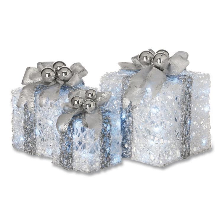 NATIONAL TREE COMPANY Pre-Lit Decorated White Gift Box Assortment, AC Powered, Cool White LED Lights, 8", 10", 12", White (NTTDF07004L)