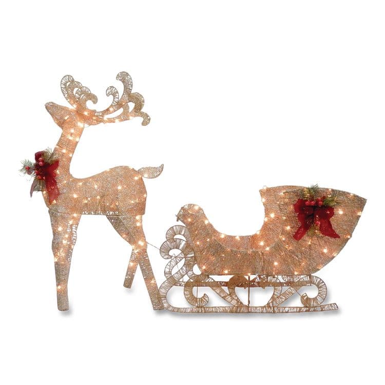 NATIONAL TREE COMPANY Champagne Reindeer Pulling Sleigh, AC Power, Warm White LED Lights, 13.5" x 24" x 48" Reindeer, 13.5" x 38.5" x 24" Sleigh (NTTDF140009U)