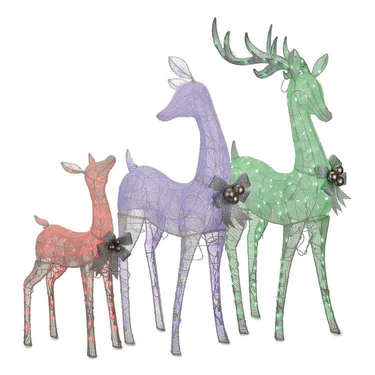 NATIONAL TREE COMPANY Mesh Glittered Deer Family, AC Powered, Blue/Green/Red/Yellow LED Lights, 27" x 8.5" x 60", White (NTTDF340001LR)
