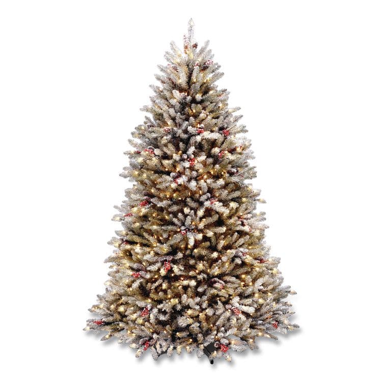 NATIONAL TREE COMPANY Pre-Lit Dunhill Fir Snowy Tree, 53" x 53" x 78", Green Tree, Green Tree Stand (NTTDUF30065)