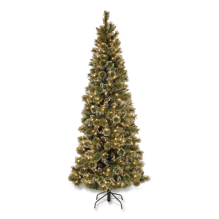 NATIONAL TREE COMPANY Pre-Lit Glittery Bristle Slim Tree, 42" x 42" x 90", Green Tree, Green Tree Stand (NTTGB331975)