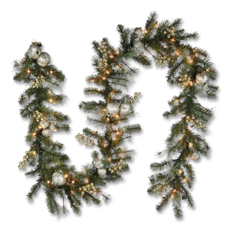 NATIONAL TREE COMPANY Pre-Lit Glittery Pine Pomegranate Garland, AC Powered, Clear Incandescent Lights, 108" Long, Green (NTTGTP13029B1)
