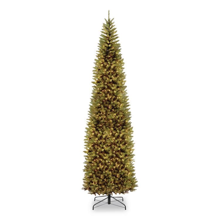 NATIONAL TREE COMPANY Pre-Lit Kingswood Fir Pencil Slim Tree, 37" x 37" x 120", Green Tree, Green Tree Stand (NTTKW7300100)