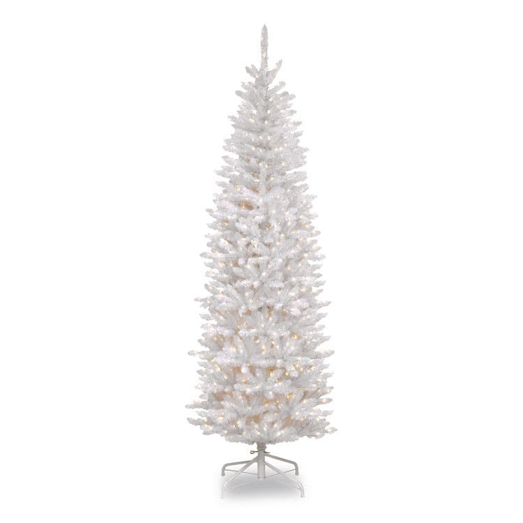 NATIONAL TREE COMPANY Pre-Lit Kingswood Fir Pencil Tree, 28" x 28" x 78", White Tree, White Tree Stand (NTTKWW730065)