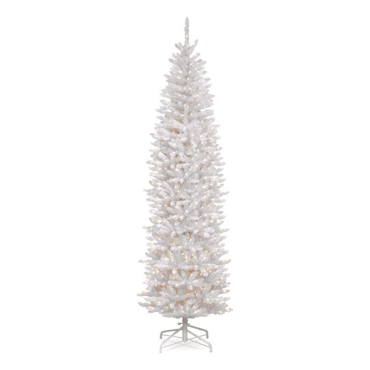 NATIONAL TREE COMPANY Pre-Lit Kingswood Fir Pencil Slim Tree, 35" x 35" x 108", White Tree, White Tree Stand (NTTKWW730090)